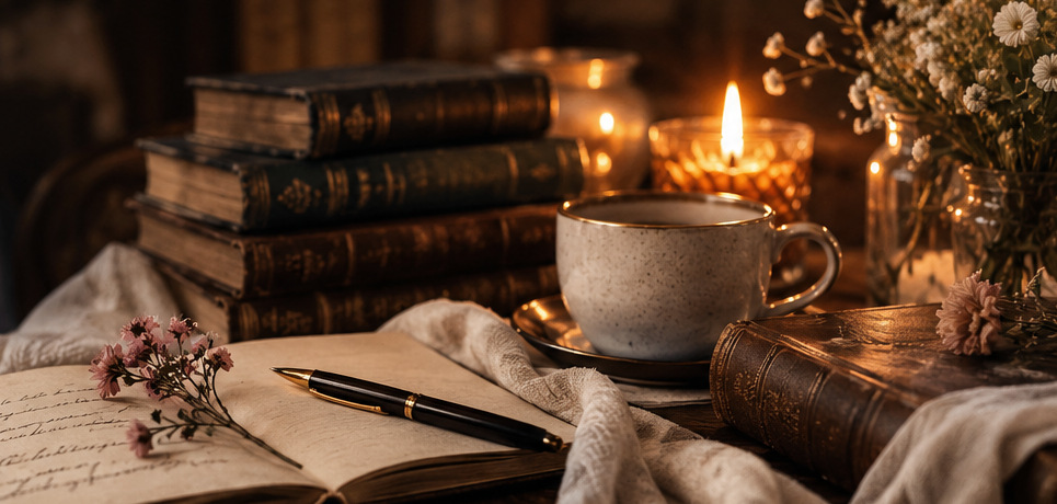 Original romantic still-life artwork with vintage books, a handwritten journal, candlelight and flowers